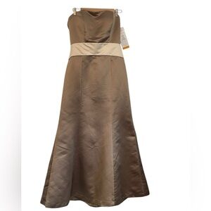 NWT Bill Levkoff Strapless Satin Bridesmaid Dress in Tan and Cream